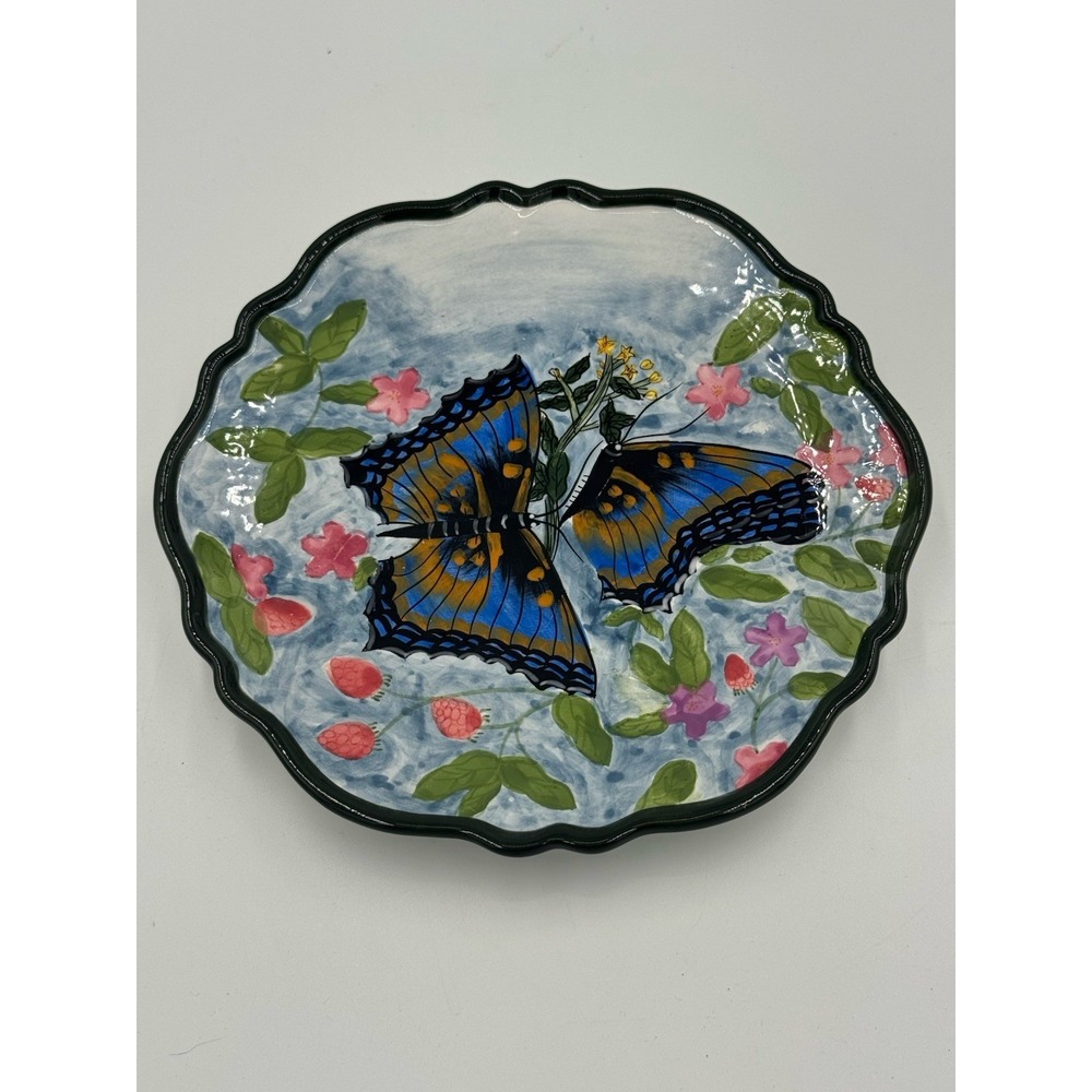 WMG Handpainted Ceramic Plate Blue Yellow Butterflies With Pink Florals 7.75"
